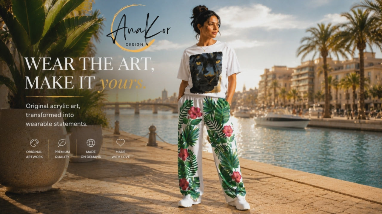 Load video: A woman wearing a white T-shirt featuring an original black panther artwork and white wide-leg pants with a colorful tropical print poses along a sunny waterfront. The video promotes AnaKor Design’s wearable art collection.